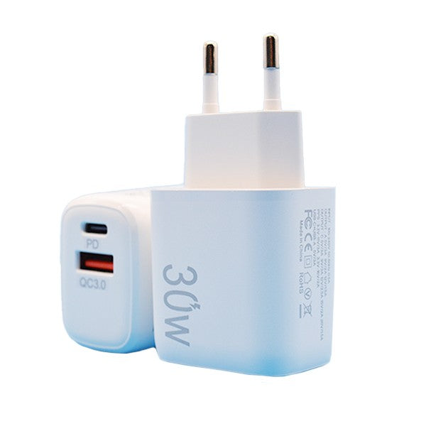 Încărcător Fast Charging 30W Vivimall, dual port USB-A și USB-C, cap european, culoare albă — vedere frontală