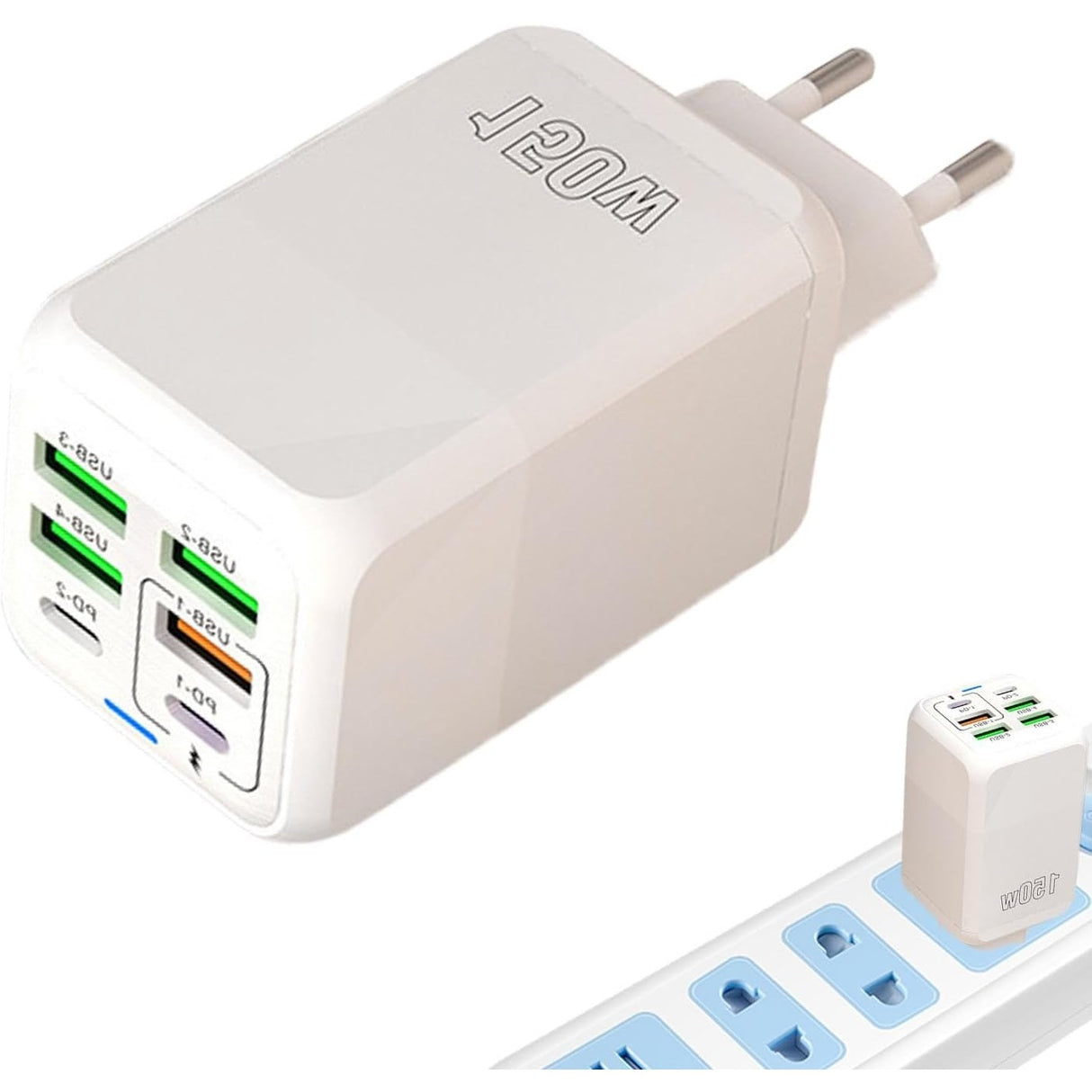 Incarcator Multifunctional, Vivimall®, 6 Porturi (2 x PD Type C + 4 USB), 150 W, 5V, 2.4A, Incarcare Rapida, 4.4 x 4.4 x 11 cm, Alb - vivimall.ro