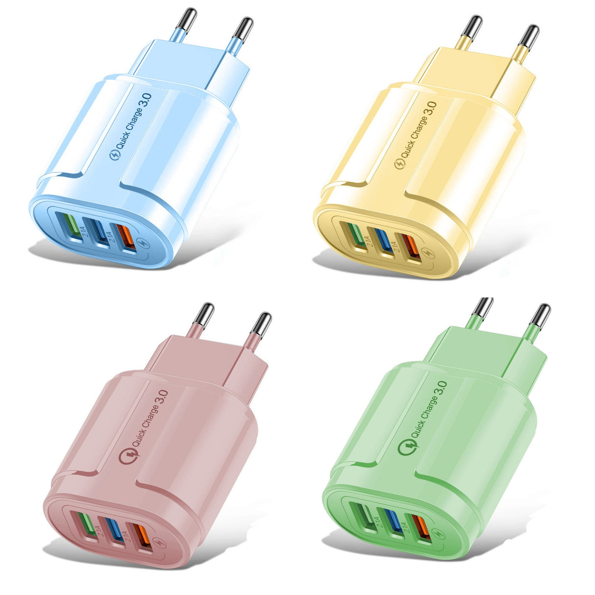 Incarcator Rapid QC3.0, Vivimall, 3 Porturi USB, 2.1A, 18W, din ABS, Protectie Supraincalzire, Gama Macarons, Albastru - vivimall.ro