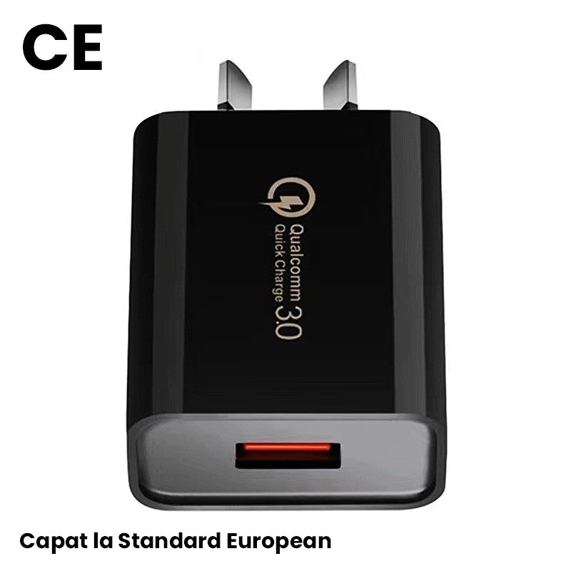 Incarcator Retea Fast Charge 5V3A, Vivimall, Capat STANDARD EUROPEAN QC 3.0, 18W, Fara Cablu, Negru - vivimall.ro