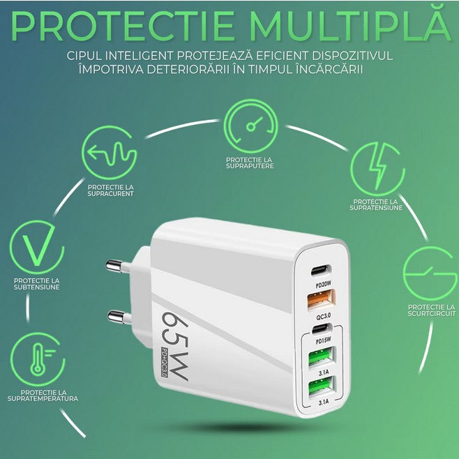 Incarcator Retea, Vivimall, 5 Porturi, 65W Fast Charge, 3 x USB, 2 x Type-C, Universal Compatibil iPhone, Huawei, Samsung, Xiaomi, Alb - vivimall.ro
