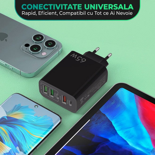 Incarcator Retea, Vivimall, 5 Porturi, 65W Fast Charge, 3 x USB, 2 x Type-C, Universal Compatibil iPhone, Huawei, Samsung, Xiaomi, Negru - vivimall.ro