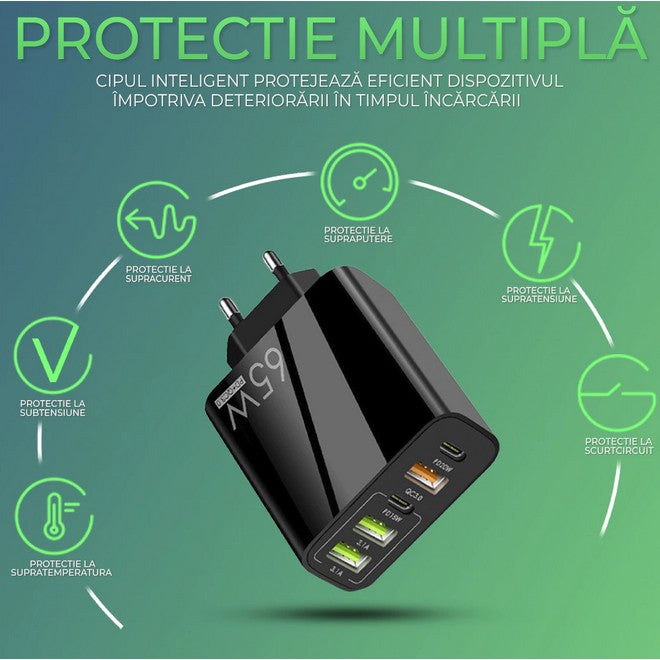 Incarcator Retea, Vivimall, 5 Porturi, 65W Fast Charge, 3 x USB, 2 x Type-C, Universal Compatibil iPhone, Huawei, Samsung, Xiaomi, Negru - vivimall.ro