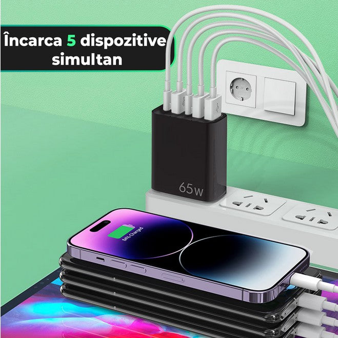 Incarcator Retea, Vivimall, 5 Porturi, 65W Fast Charge, 3 x USB, 2 x Type-C, Universal Compatibil iPhone, Huawei, Samsung, Xiaomi, Negru - vivimall.ro