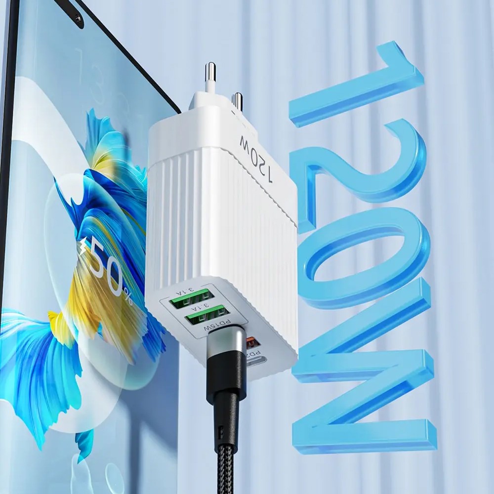 Incarcator Retea pentru Telefon, Vivimall, Super Fast Charger Multi-Port, Power Delivery 120W, 3 USB-A, 2 TYPE-C, Compatibil Telefon si Tableta, Alb - vivimall.ro