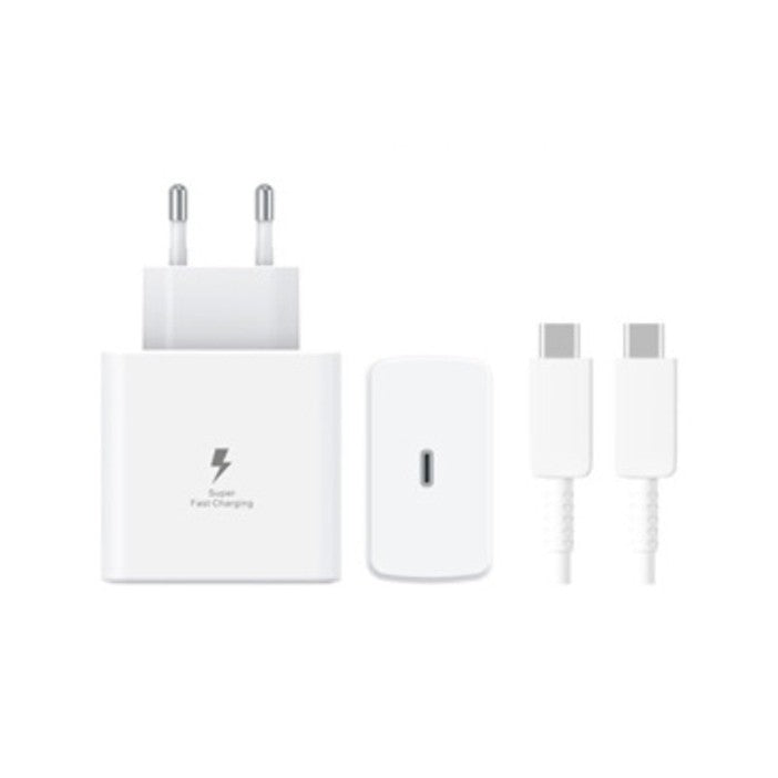Încărcător USB Type-C Fast Charge 45W alb cu cablu 1m inclus, vedere frontală produs