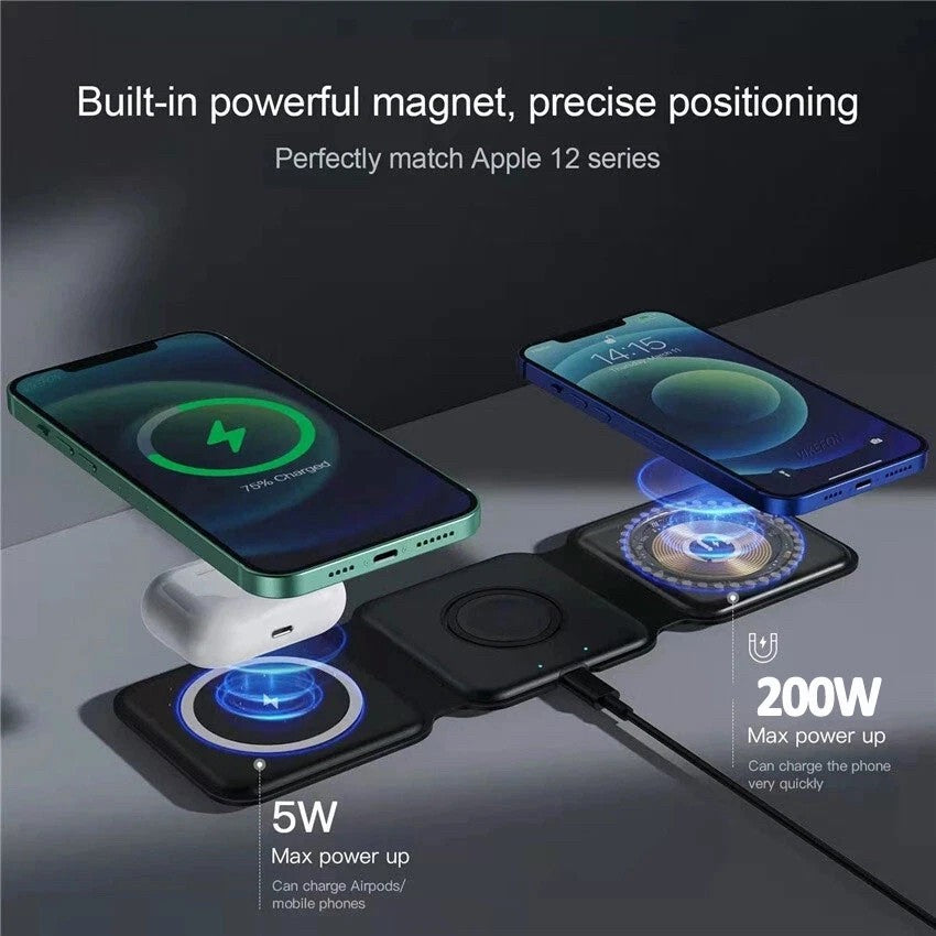 Incarcator Wireless Magnetic/Pliabil 3in1, Vivimall, Multifunctional de Birou, 15W, Compatibil cu iOS/Android, 25 x 7.5 x 1 cm, Negru - vivimall.ro