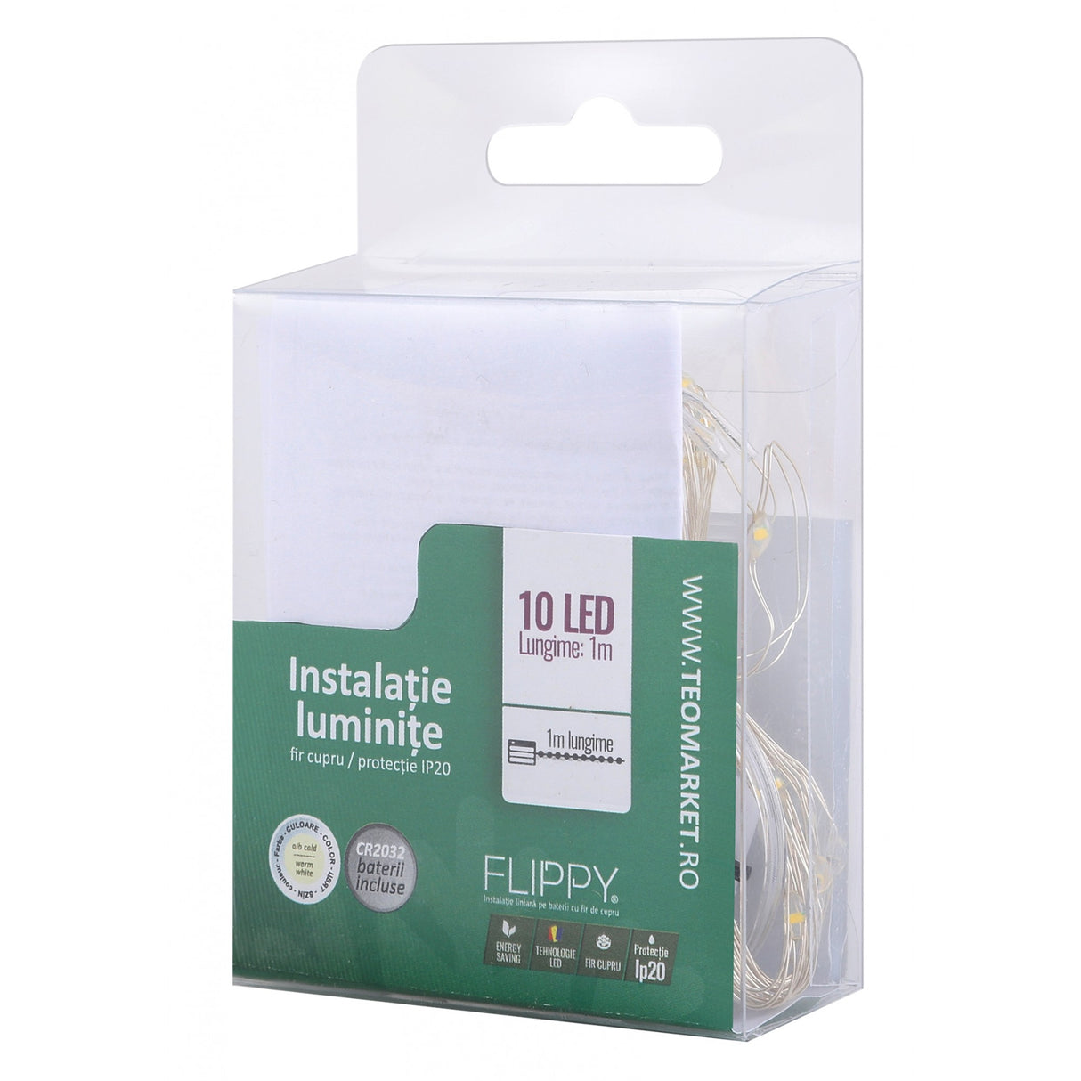 Instalatie Craciun, 1 metru, 10 LED-uri, alb cald,cu baterii,fir cupru, liniar, interior/exterior, Flippy - vivimall.ro