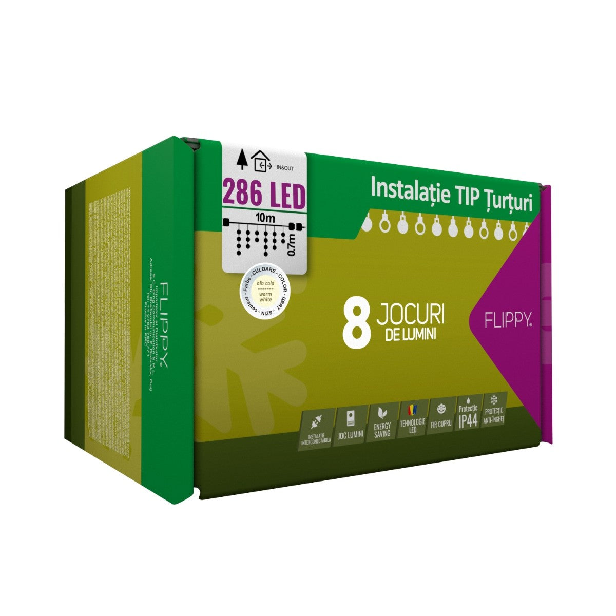 Instalatie Craciun Tip Turturi, IP44, 10 m, 286 Led-uri, Alb cald, 8 jocuri de lumini, 31 V, Interconectabila, Prelungitor 3 m inclus, Fir Cupru, Vivimall, Interior/Exterior - vivimall.ro