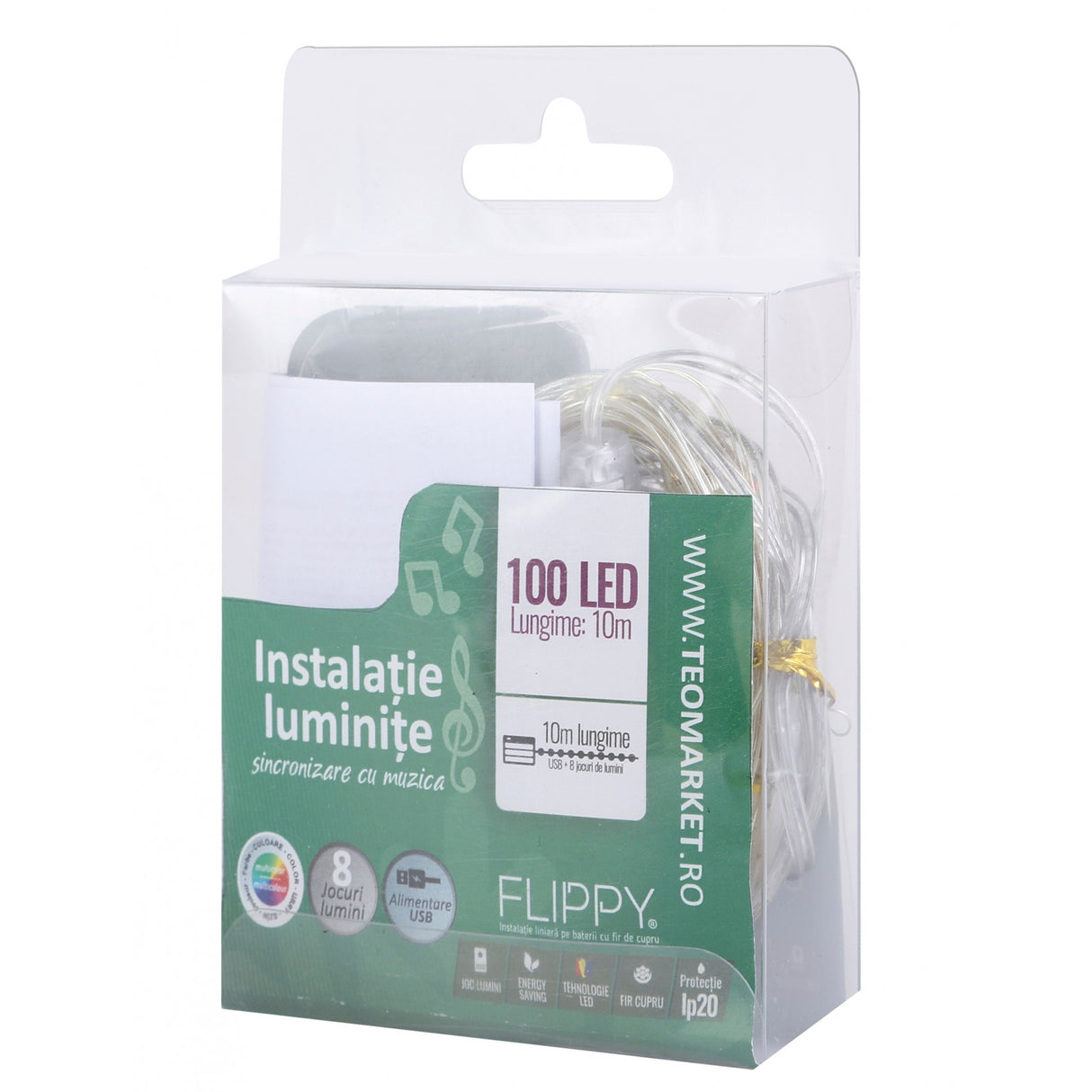 Instalatie Craciun, 10 metri, 100 LED-uri, multicolor RGB, sincronizare muzica, telecomanda 12 de functii, USB, fir cupru, liniar, interior/exterior, Vivimall - vivimall.ro