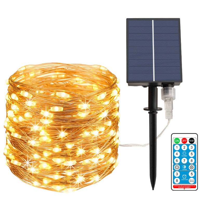 Instalatie Craciun, 100 LED-uri, 12 metri, pentru exterior cu incarcare solara, alb cald, Vivimall - vivimall.ro