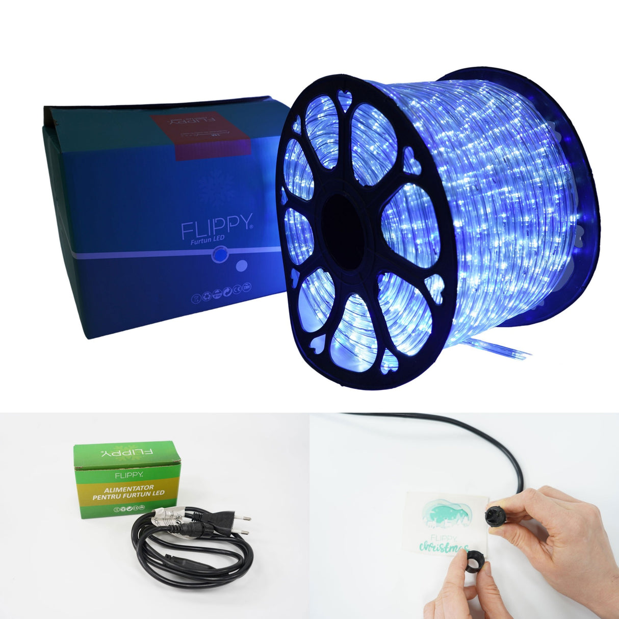 Instalatie Craciun, 100 m, 2400 Led-uri, Furtun Luminos, Alb rece/ Albastru, Transformator, Sectionabila, 220 V, Vivimall - vivimall.ro