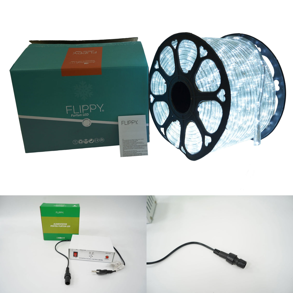 Instalatie Craciun, 100 m, 2400 Led-uri, Furtun Luminos, Alb rece, Transformator, 8 jocuri de lumini, Sectionabila, 220 V, Vivimall - vivimall.ro