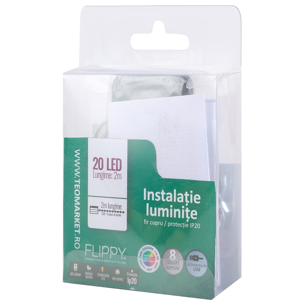 Instalatie Craciun, 2 metri, 20 LED-uri, multicolor, telecomanda 8 functii, USB, fir cupru, liniar, interior/exterior, Vivimall - vivimall.ro