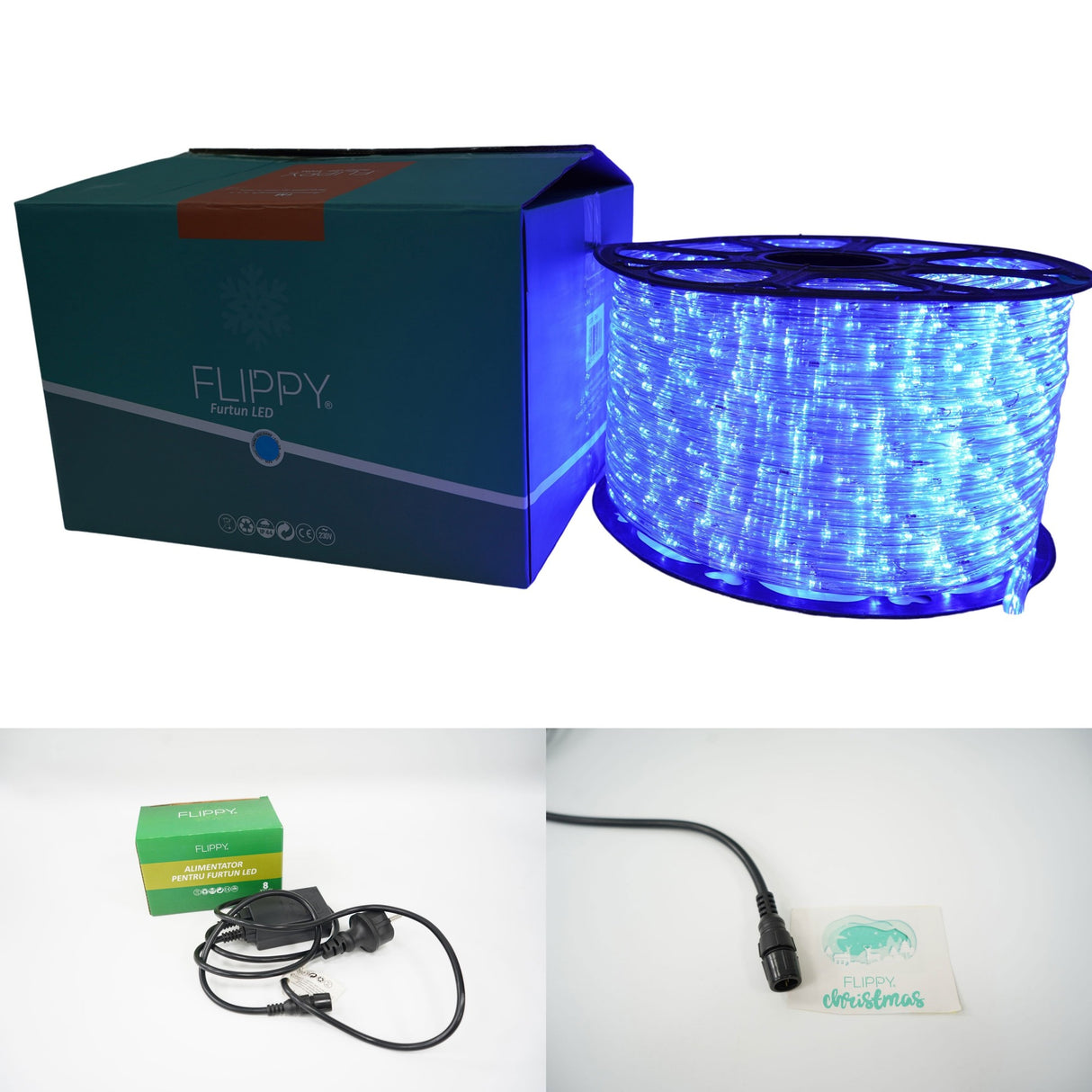 Instalatie Craciun, 22 m, 528 Led-uri, Furtun Luminos, Albastru, Transformator, 8 jocuri de lumini, Sectionabila, 220 V, Vivimall - vivimall.ro