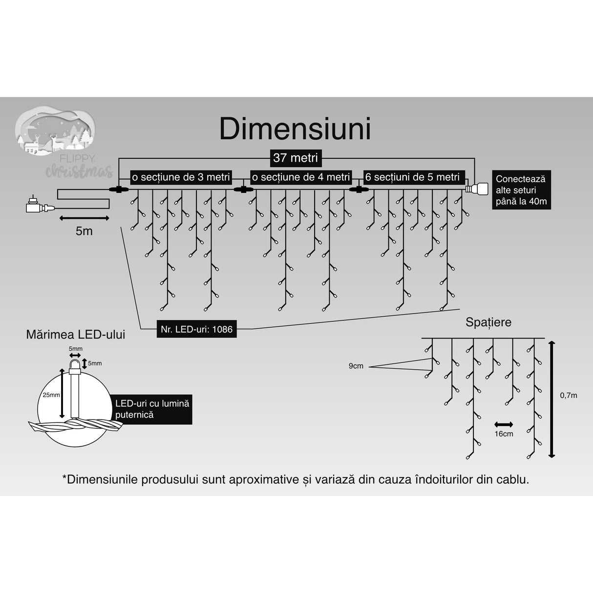 Instalatie Craciun, 37 m, 1086 Led-uri ,Franjuri, Alb cald, 8 jocuri de lumini, Transformator cu telecomanda, Interconectabila, Prelungitor 5 m inclus, Fir Negru, Vivimall - vivimall.ro
