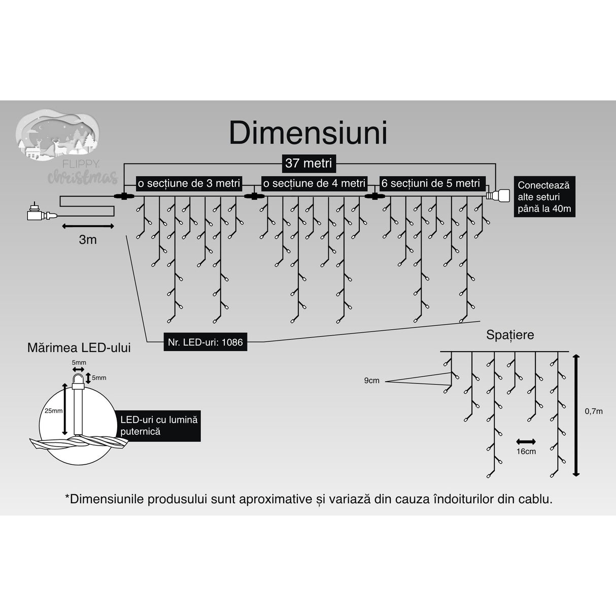 Instalatie Craciun, 37 m, 1086 Led-uri ,Franjuri, Alb cald, Flash, Transformator, Interconectabila, Prelungitor 3 m inclus, Fir Negru, Vivimall - vivimall.ro