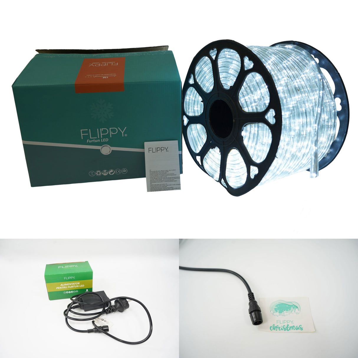 Instalatie Craciun, 38 m, 912 Led-uri, Furtun Luminos, Alb rece, Transformator, 8 jocuri de lumini, Sectionabila, 220 V, Vivimall - vivimall.ro