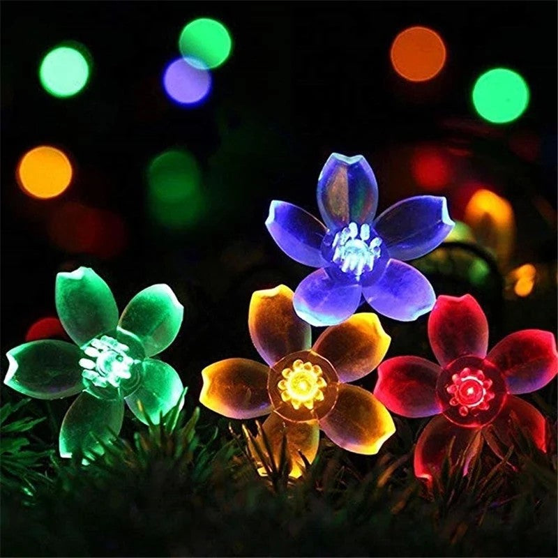 Instalatie Craciun, 5 metri, 20 Becuri LED tip Flori de cires, pentru exterior cu incarcare solara, Multicolor, Flippy - vivimall.ro