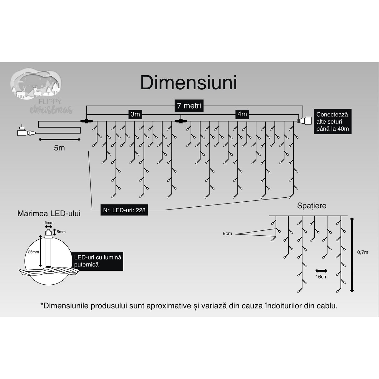 Instalatie Craciun, 7 m, 228 Led-uri ,Franjuri, Alb rece, 8 jocuri de lumini, Transformator cu telecomanda, Interconectabila, Prelungitor 5 m inclus, Fir Negru, Vivimall - vivimall.ro