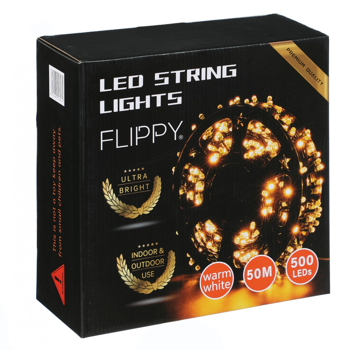 Instalatie Craciun liniara cu transformator, 50m, alb cald, 500 LED-uri, fir negru, 8 jocuri de lumini, Vivimall - vivimall.ro