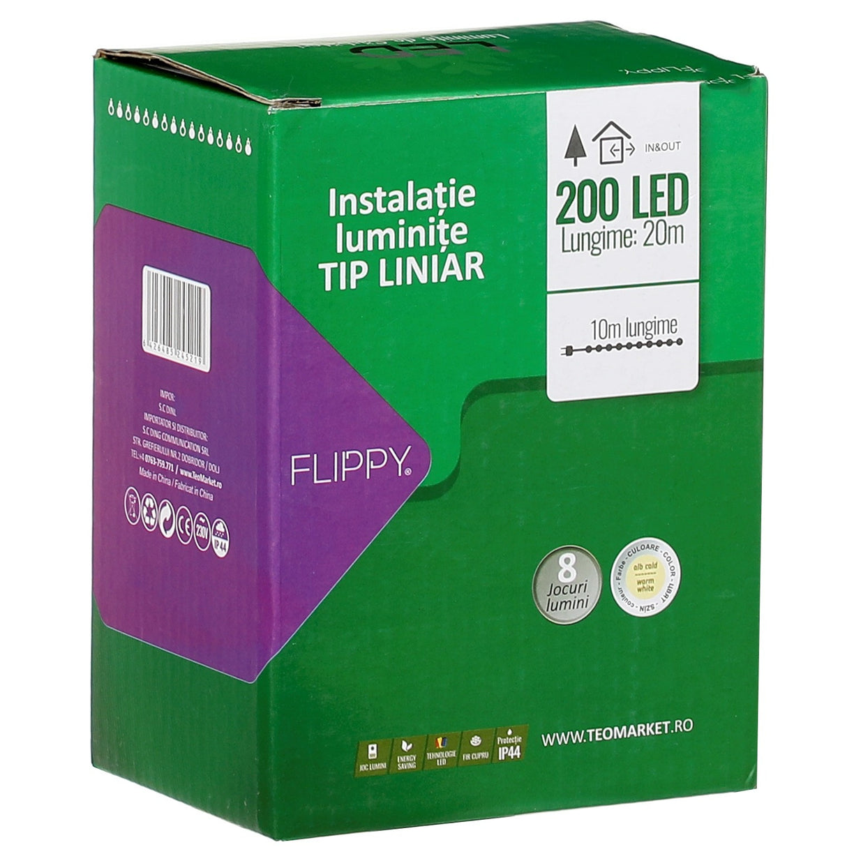 Instalatie Craciun liniara, cu transformator, 20 m, Alb Cald, 200 LED-uri V5, 8 jocuri de lumini, fir verde, Vivimall - vivimall.ro