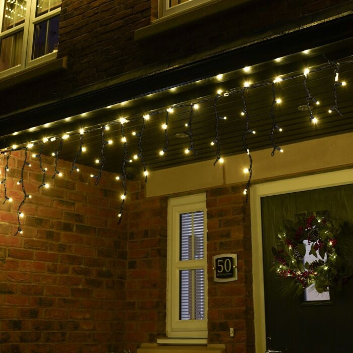 Instalatie Craciun Profesionala de Exterior IP65, 5 m, 120 Led-uri Mari ,Franjuri, Alb cald, Flash, Alimentator, Interconectabila, Prelungitor 6.5 m inclus, Fir Negru Cauciucat, 220v, Vivimall - vivimall.ro