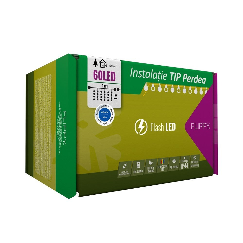 Instalatie Craciun, Tip Perdea, IP44, 1 m x 1 m, 60 LED-uri, Albastru, cu flash, Transformator cu telecomanda, Interconectabila, Prelungitor 5 m inclus, Fir transparent, Interior/ Exterior, Vivimall - vivimall.ro