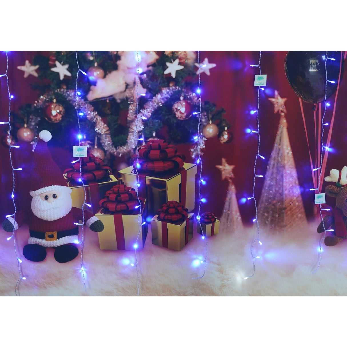 Instalatie Craciun, Tip Perdea, IP44, 2 m x 1 m, 120 LED-uri, Albastru, cu flash, Transformator cu telecomanda, Interconectabila, Prelungitor 3 m inclus, Fir transparent, Interior/ Exterior, Vivimall - vivimall.ro