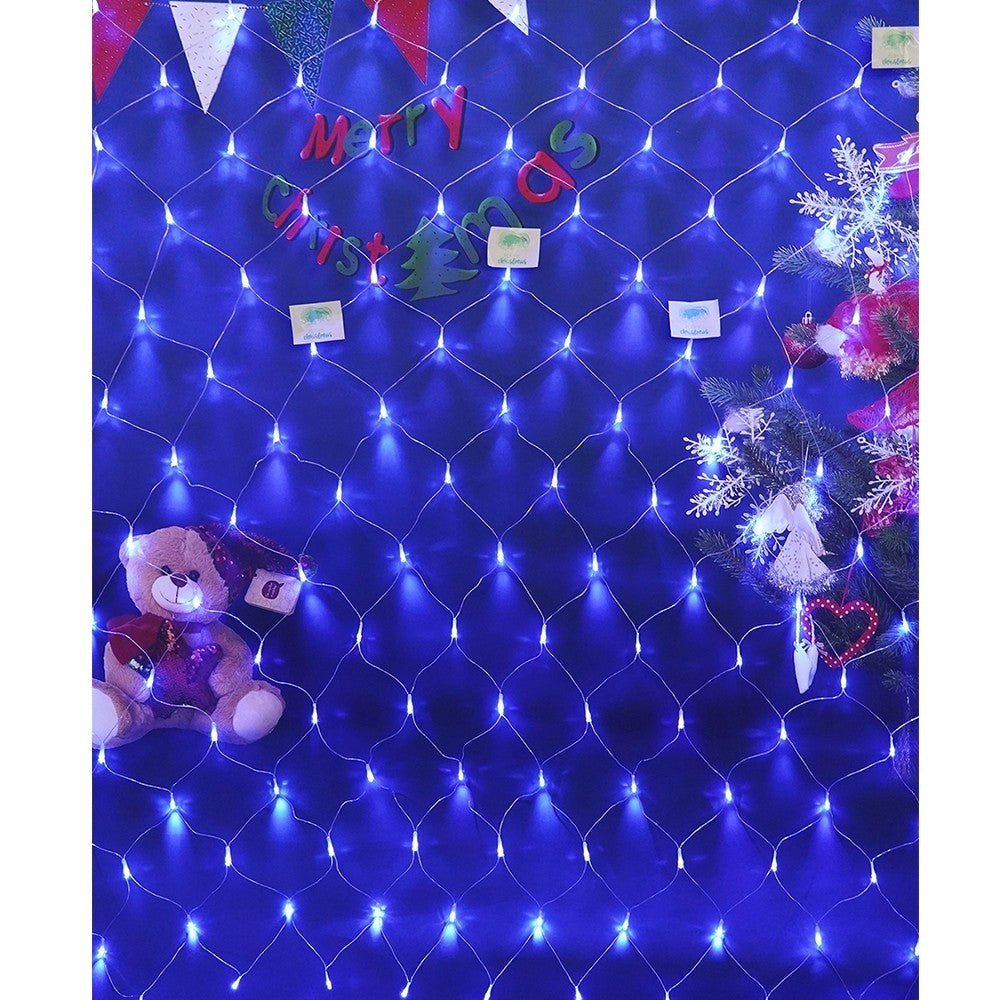 Instalatie Craciun, Tip Plasa, 2 m x 2 m, 160 LED-uri, Albastru, 8 jocuri de lumini, Transformator 9v, 31 W, Interconectabila, Prelungitor 3 m inclus, Fir transparent, Vivimall - vivimall.ro