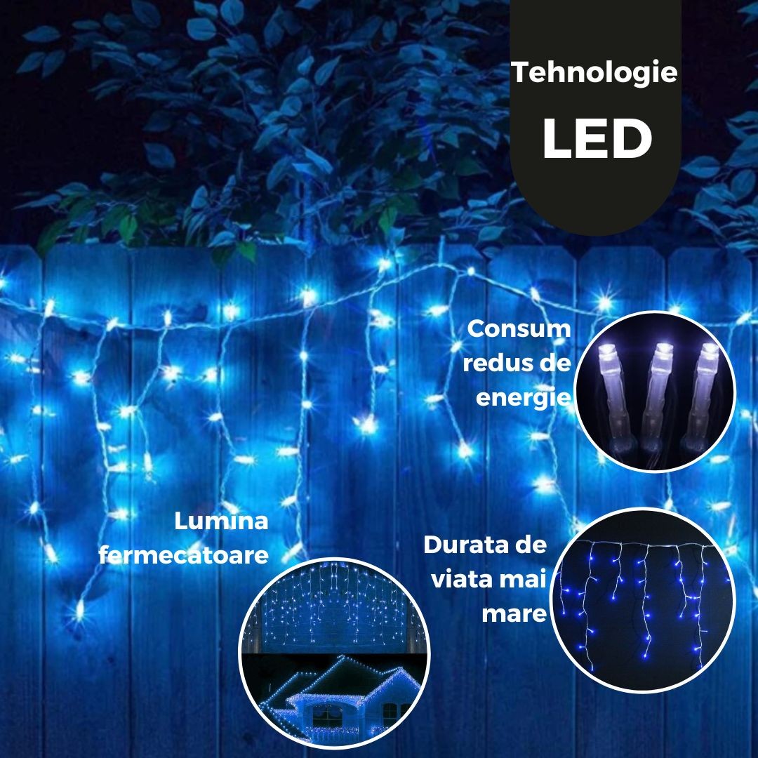 Instalatie Craciun Yoto, Tip Franjuri/Turturi, 12 m, 300 LED-uri, Prelungitor 1.5 m, 8 Jocuri de Lumini, Interconectabila, Conectare la Retea, Fir transparent, Interior/Exterior, Albastru - vivimall.ro
