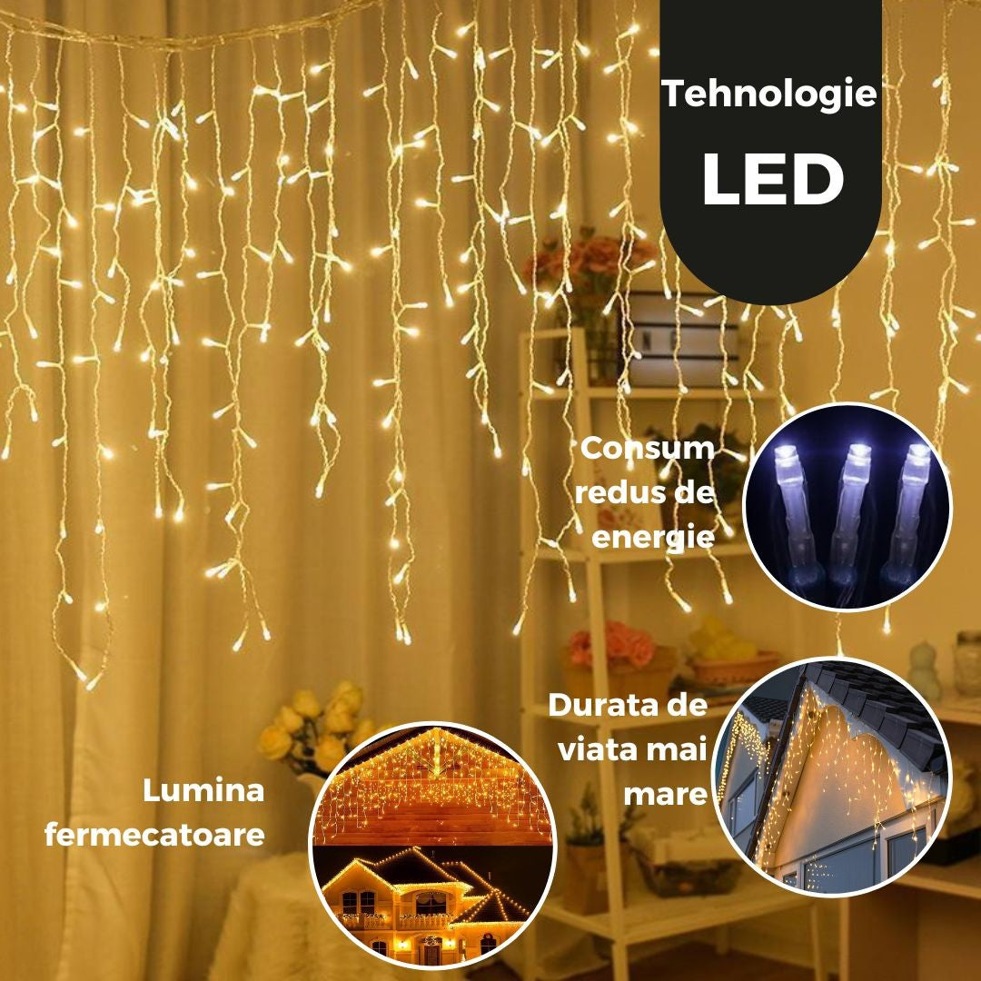 Instalatie Craciun Yoto, Tip Franjuri/Turturi, 7 m, 200 LED-uri, Prelungitor 1.5 m, 8 Jocuri de Lumini, Interconectabila, Conectare la Retea, Fir transparent, Interior/Exterior, Alb Cald - vivimall.ro