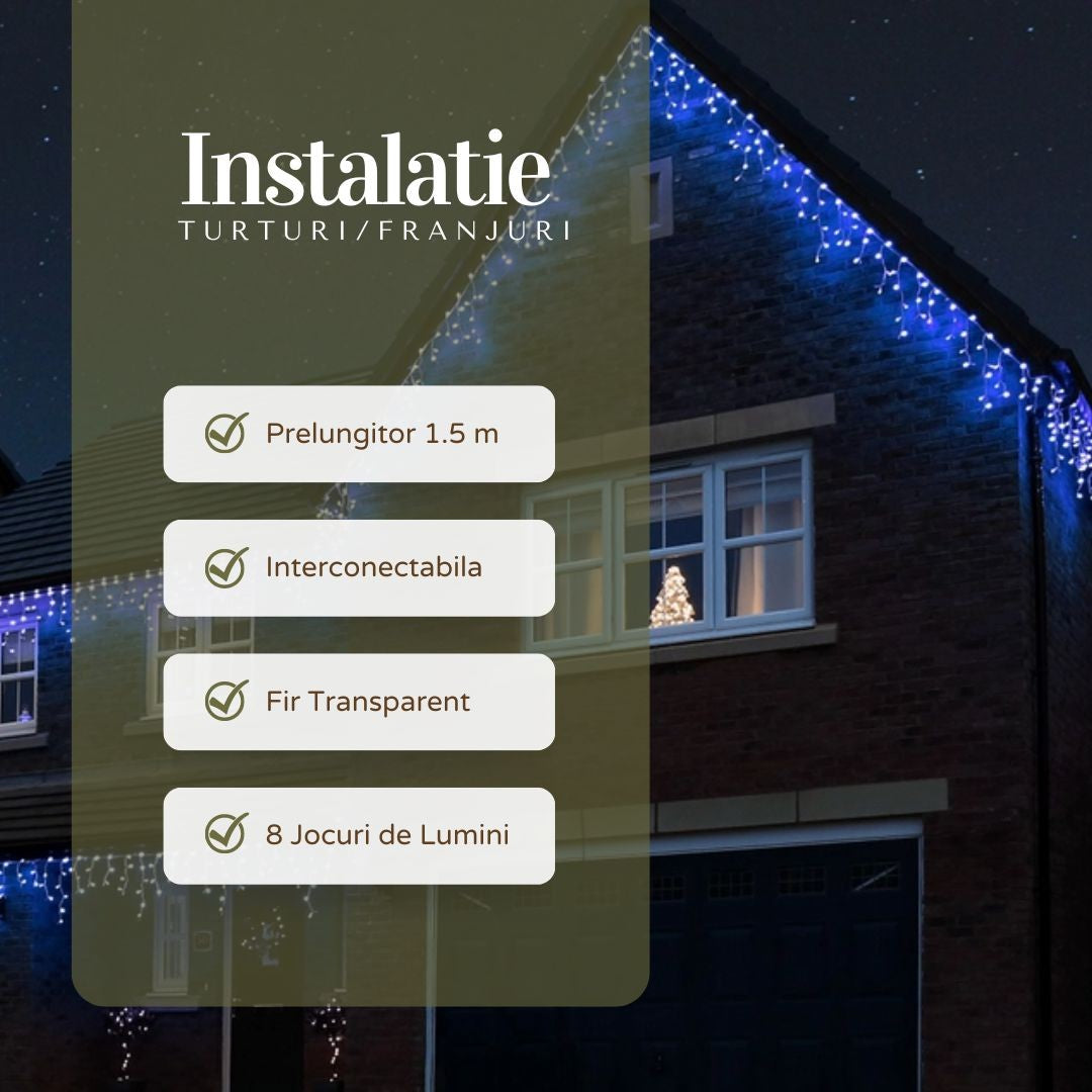 Instalatie Craciun Yoto, Tip Franjuri/Turturi, 7 m, 200 LED-uri, Prelungitor 1.5 m, 8 Jocuri de Lumini, Interconectabila, Conectare la Retea, Fir transparent, Interior/Exterior, Albastru - vivimall.ro