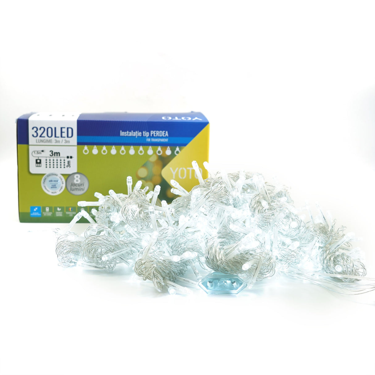 Instalatie Craciun Yoto, Tip Perdea, 3 m x 3 m, 320 LED-uri, Prelungitor 1.5 m, 8 Jocuri de Lumini, Interconectabila, Fir transparent, Interior/Exterior, Alb Rece - vivimall.ro