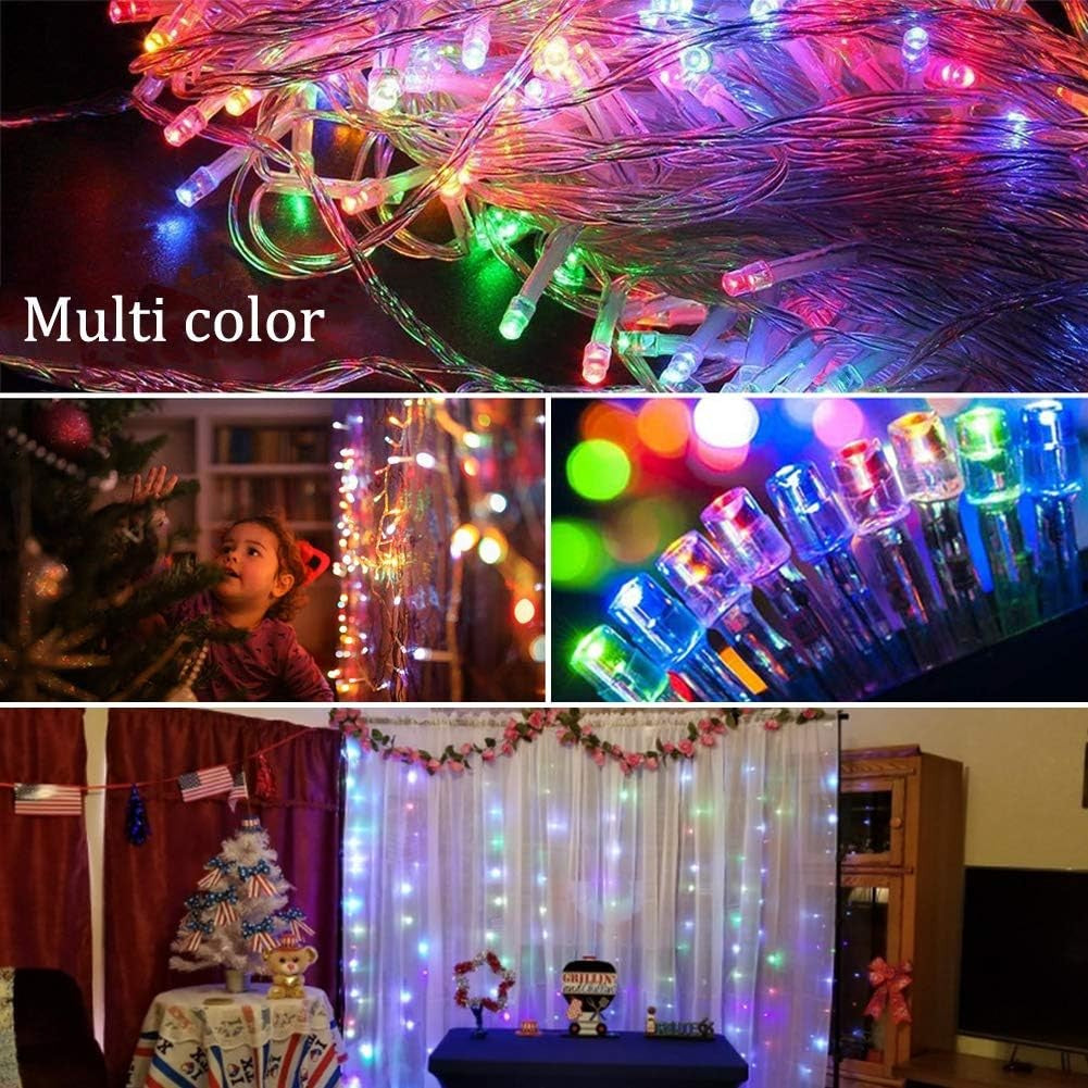Detaliu LED-uri multicolor instalație perdea Yoto pe fir transparent de cupru