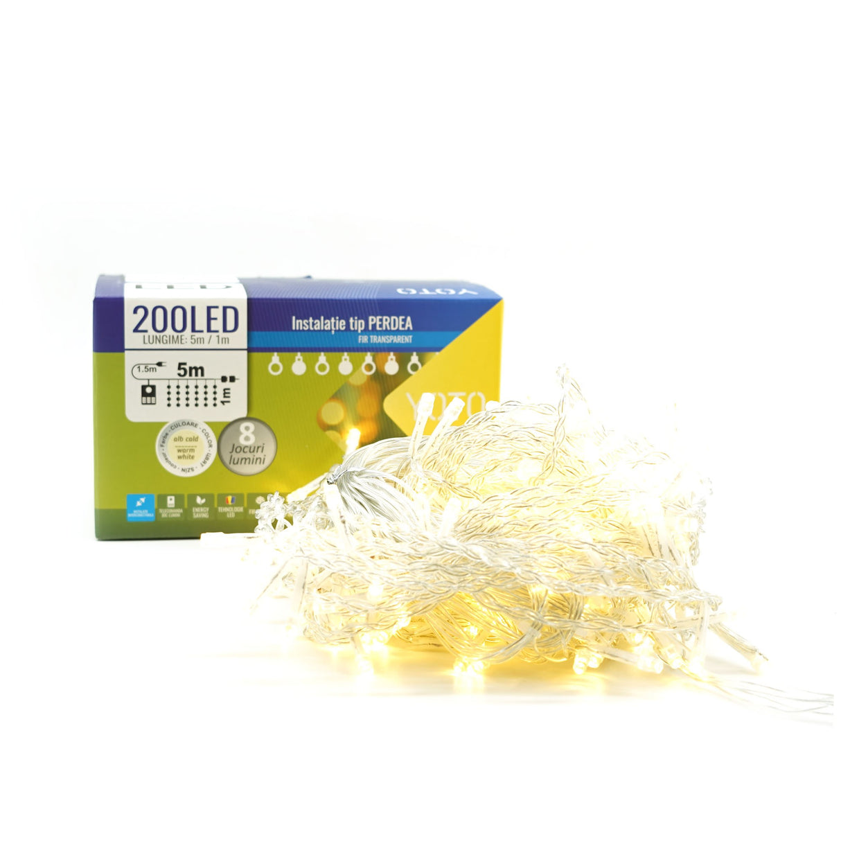 Instalatie Craciun Yoto, Tip Perdea, 5 m x 1 m, 200 LED-uri, Prelungitor 1.5 m, 8 Jocuri de Lumini, Interconectabila, Fir transparent, Interior/Exterior, Alb Cald - vivimall.ro