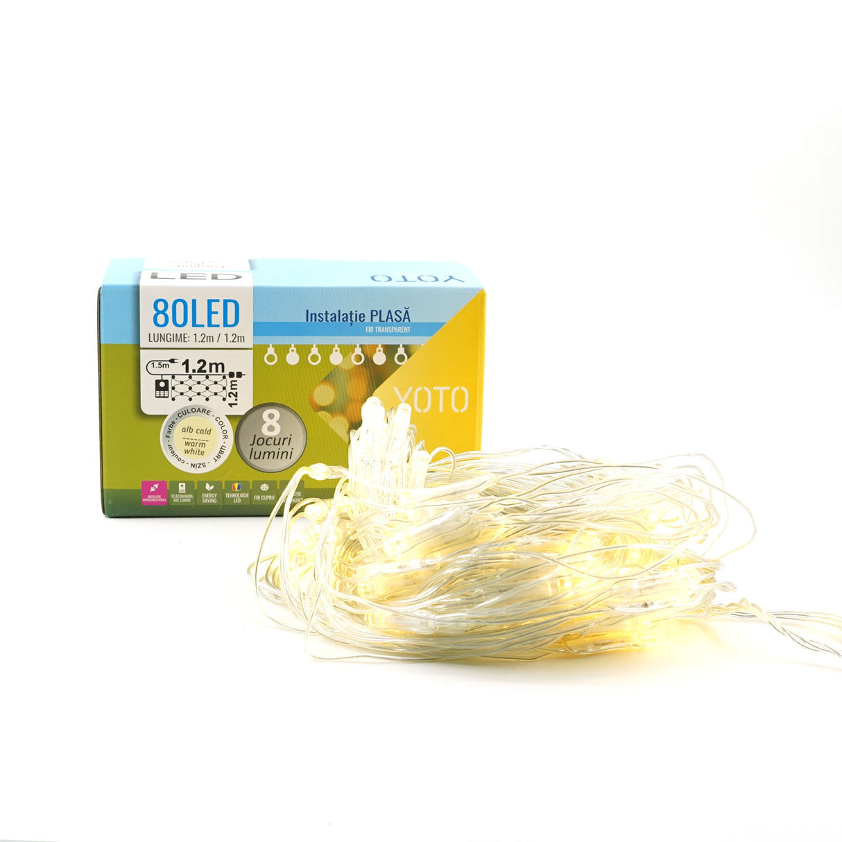 Instalatie Craciun Yoto, Tip Plasa, 1.2 m x 1.2 m, 80 LED-uri, Prelungitor 1.5 m, 8 Jocuri de Lumini, Interconectabila, Fir transparent, Interior/Exterior, Alb Cald - vivimall.ro
