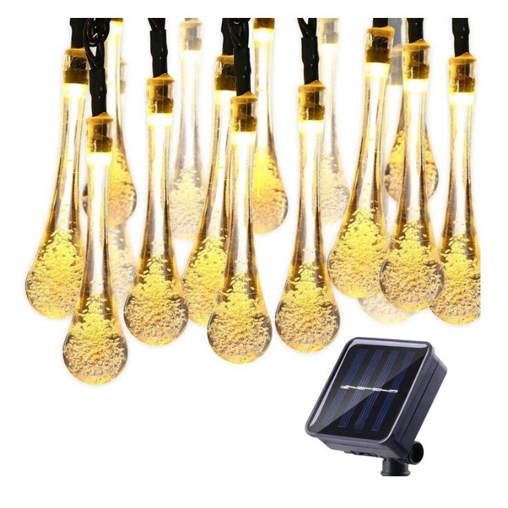 Instalatie Solara 6 m, 28 Led-uri cu Ornament tip picatura de apa, Liniara, Fir negru, Interior, Exterior, Alb Cald - vivimall.ro