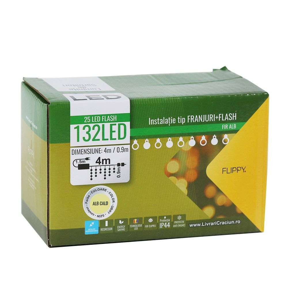 Instalatie de Craciun, Basic Flippy®, Tip Turturi / Franjuri cu Flash, 4 m, 132 LED-uri, Interconectabila, Alb Cald - vivimall.ro