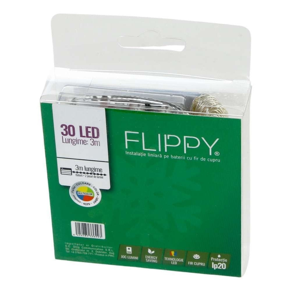 Instalatie de Craciun, Liniara, 3 m, Baterii, 30 LED-uri, 2 Jocuri de Lumini, Fir Cupru, Multicolor - vivimall.ro