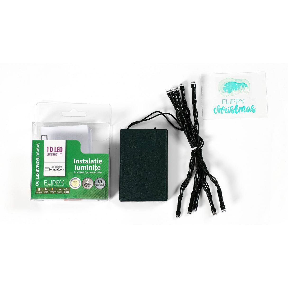 Instalatie de Craciun cu Baterii Tip Liniar, 2 jocuri de lumini, Fir Verde 1 m 10 LED -uri, Alb Cald - vivimall.ro