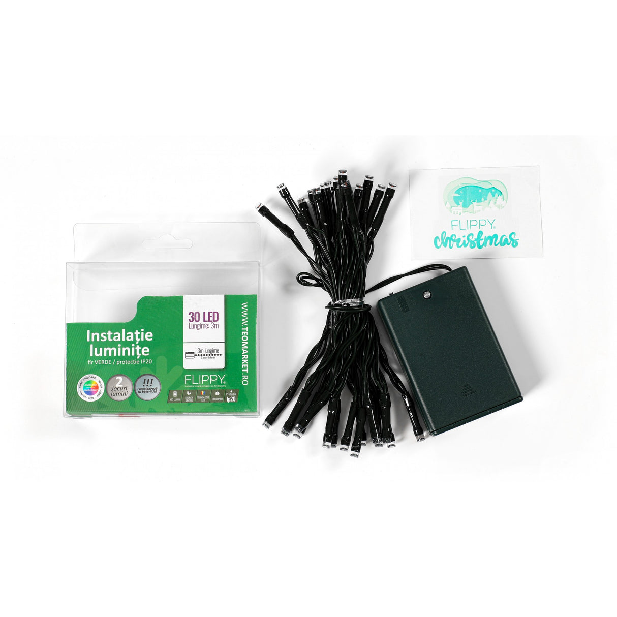 Instalatie de Craciun cu Baterii Tip Liniar, 2 jocuri de lumini, Fir Verde 3 m 30 LED -uri, Multicolor - vivimall.ro