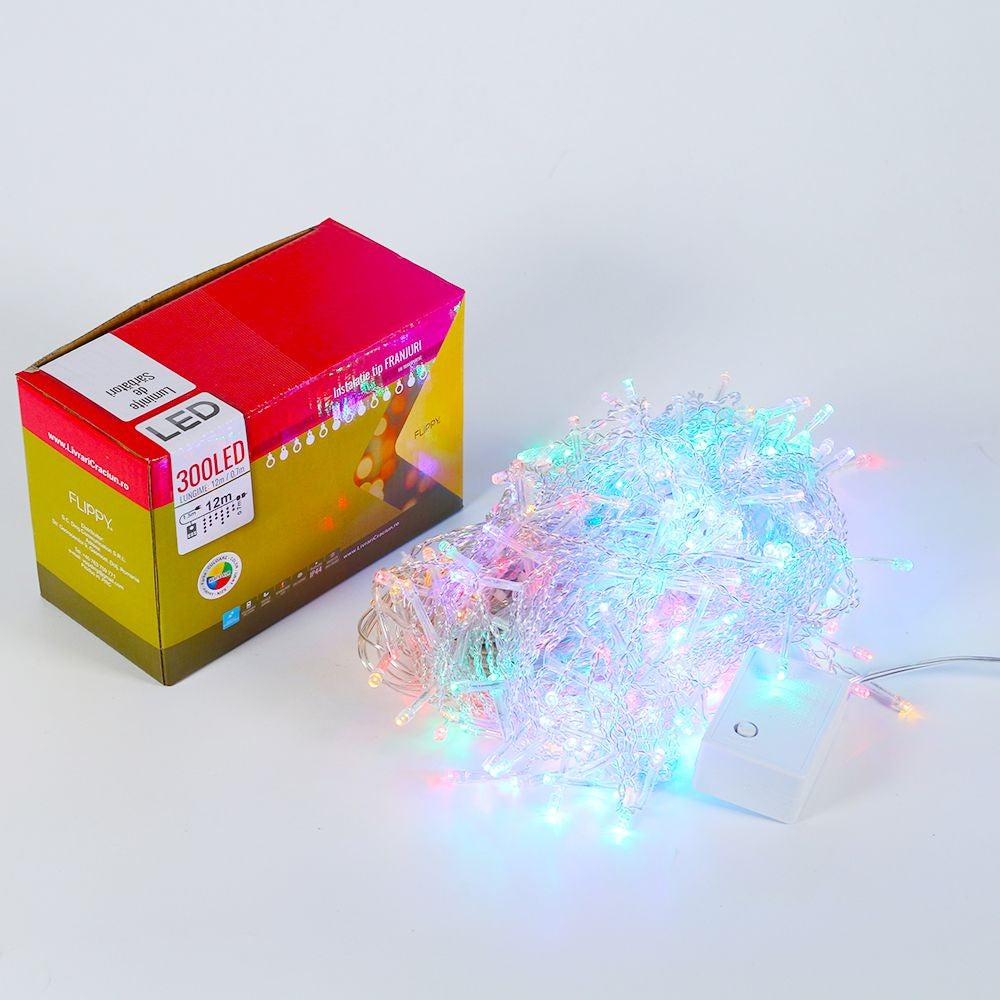 Instalatie de Craciun Flippy® Tip Franjuri, 12 m, 300 LED-uri, Interconectabila, Multicolor - vivimall.ro