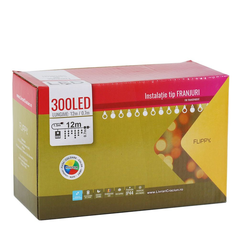 Instalatie de Craciun Flippy® Tip Franjuri, 12 m, 300 LED-uri, Interconectabila, Multicolor - vivimall.ro