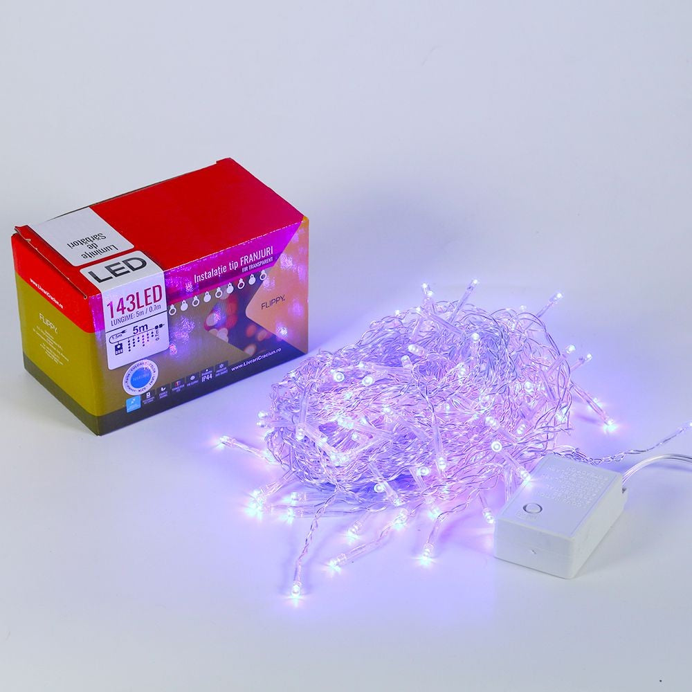 Instalatie de Craciun, Flippy®, Tip Franjuri, 5 m, 143 LED-uri, Interconectabila, Albastru - vivimall.ro