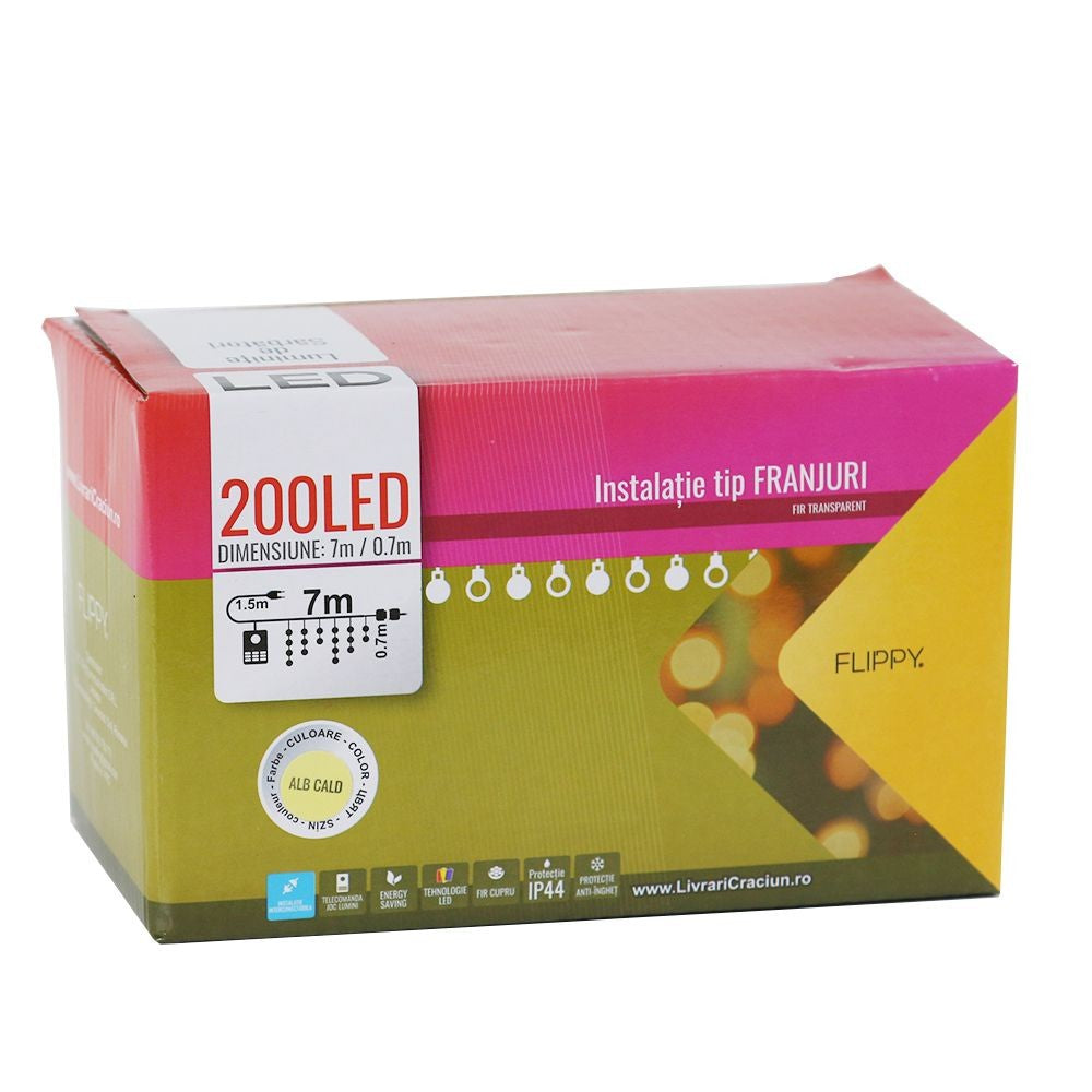 Instalatie de Craciun Flippy® Tip Franjuri, 7 m, 200 LED-uri, Interconectabila, Alb Cald - vivimall.ro