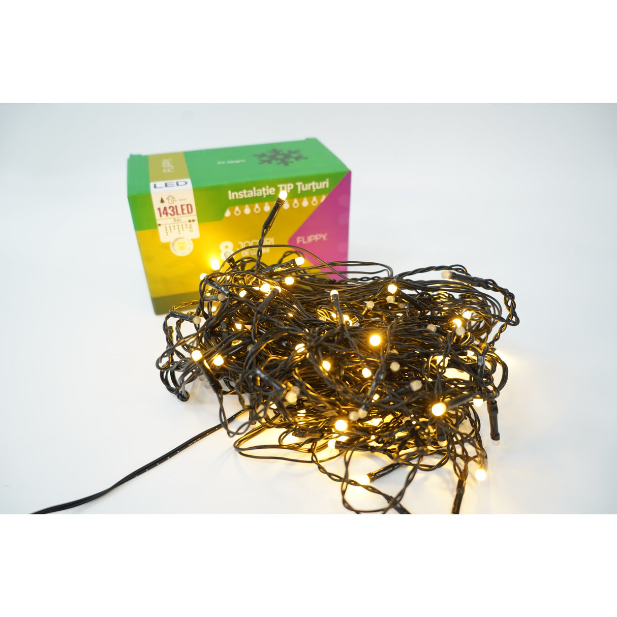 Sectiune Instalatie de Craciun, Vivimall®, Tip Turturi, Fara Alimentator, 5m, 143 LED-uri, 8 Jocuri de Lumini, Fir Negru, Lumina Alb Cald, IP44, Interconectabila - vivimall.ro