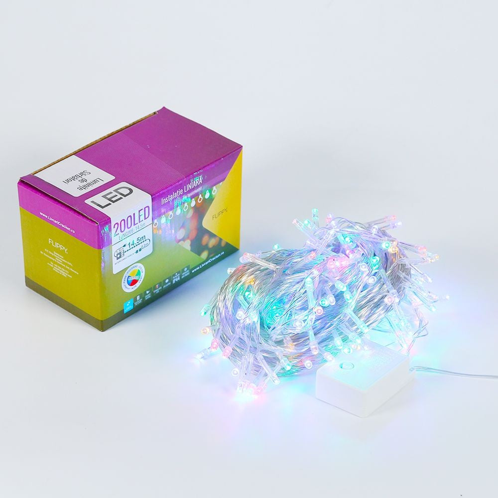 Instalatie de Craciun, Flippy®, Tip Liniara, 14.5 m, 200 LED-uri, Interconectabila, Multicolor - vivimall.ro