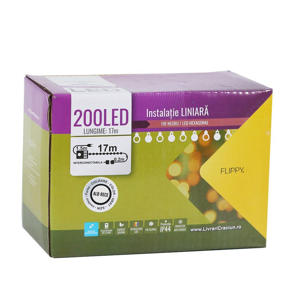 Instalatie de Craciun Flippy® Tip Liniara, 17 m, 200 LED-uri Hexagonale. Interconectabila, Alb Rece - vivimall.ro