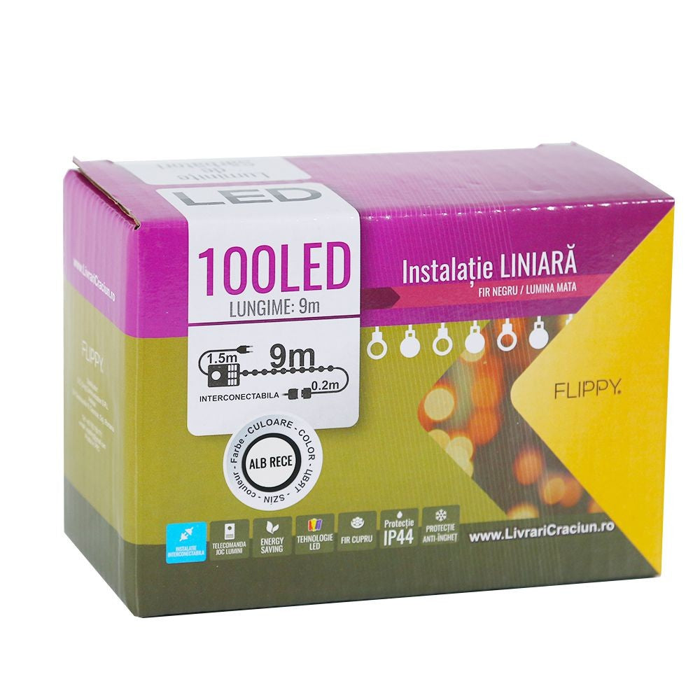 Instalatie de Craciun, Flippy®, Tip Liniara, 9 m, 100 LED-uri, Interconectabila, Lumina Mata, Alb Rece - vivimall.ro